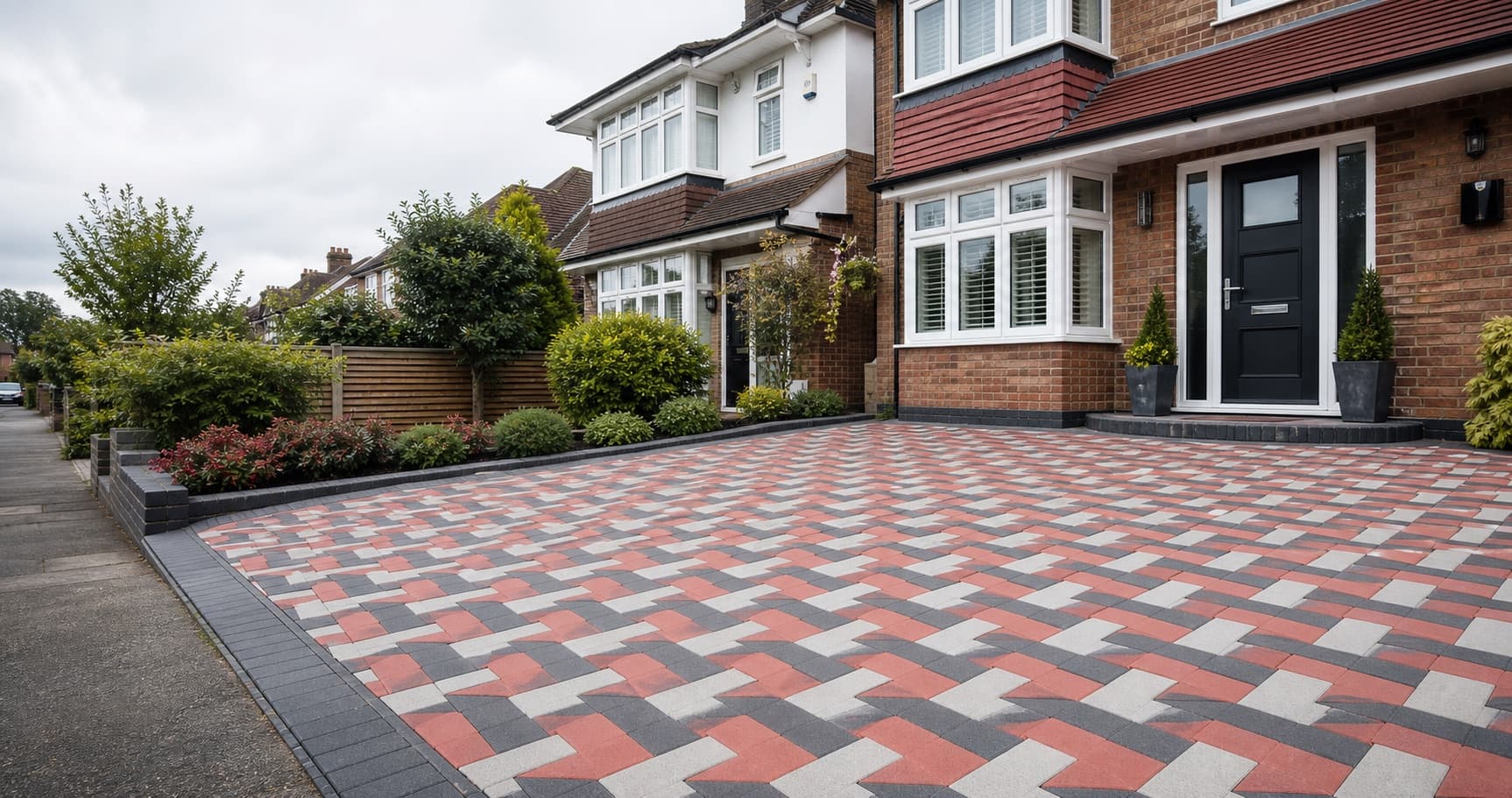 Driveway after installation of red, charcoal and pale-grey interlocking paving