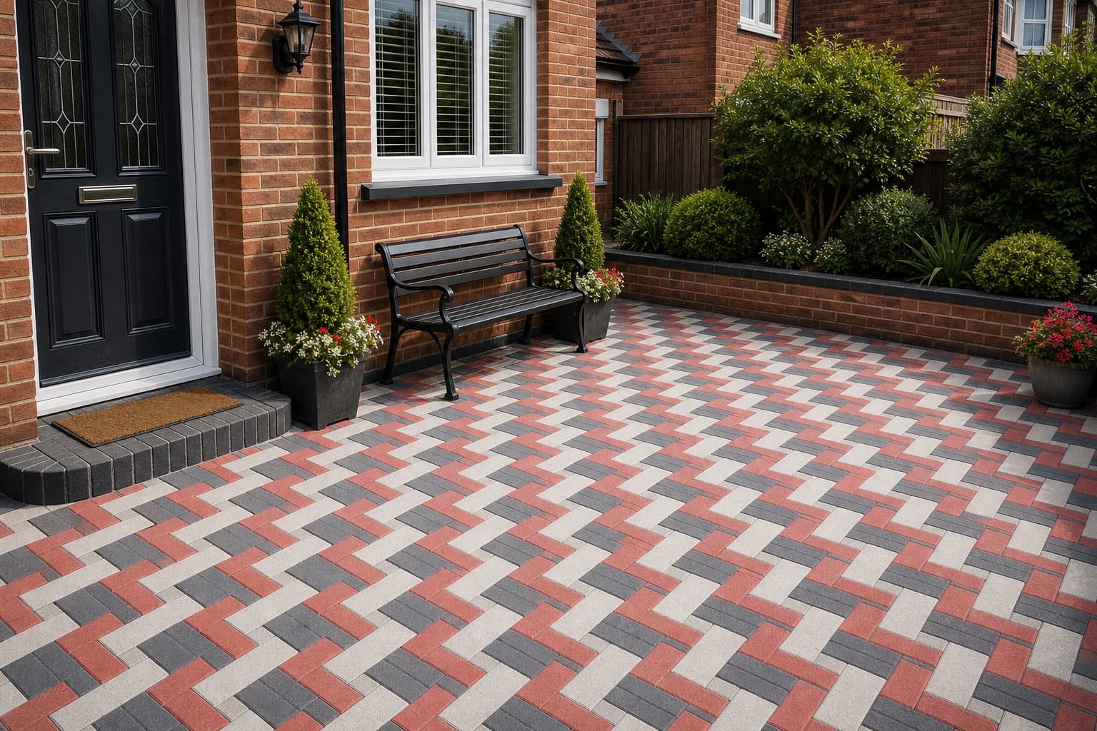Completed patio in red, charcoal and pale-grey interlocking paving bricks